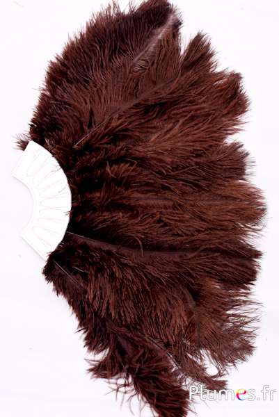 Éventail en plumes d’autruche - 20 plumes, cuir blanc - chocolat